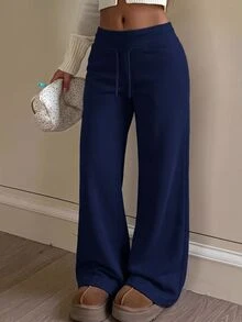 SHEIN Teen Girl Teen Girls Knit Navy Blue Drawstring Casual Long Pants - Navy Blue - View 1