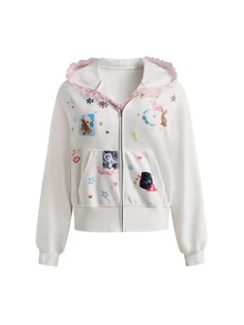ROMWE Kawaii Women's Cute Girl Fun Print Rhinestone Decor Lace Patchwork 2 In 1 Sweatshirt, Autumn/Winter - White - View 6