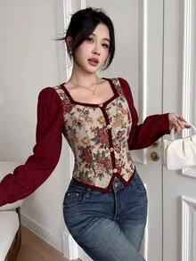 Feyla Blus Gaya Vintage Baru dengan Motif Patchwork Campuran Kain Warna Blok, Serbaguna untuk Sehari-hari, Membentuk Pinggang, Melangsingkan, Cocok untuk Pesta dan Liburan - Burgundy - View 6