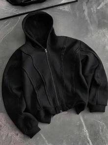 AXEPEAK American Style Black Fur Collar Sweatshirt Men's Niche Design Slim Fit Short Sweatshirt Hooded Jacket - Black - View 1