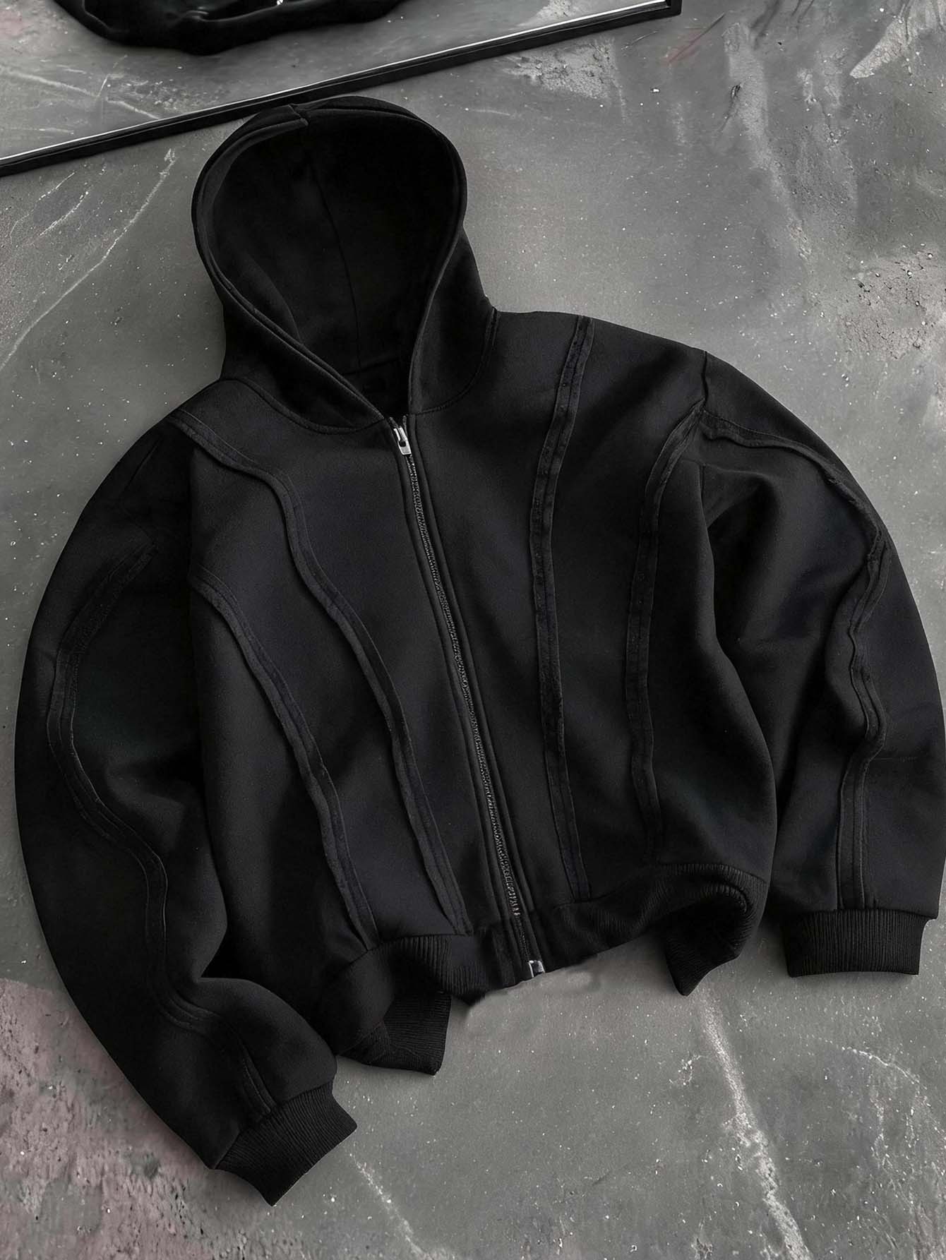 AXEPEAK American Style Black Fur Collar Sweatshirt Men's Niche Design Slim Fit Short Sweatshirt Hooded Jacket - Black - View 1