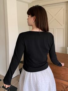 Dazy Plus Plus Size Women's 2 In 1 Design Front Tie Sexy Korean Style Long Sleeve T-Shirt Fall - Black - View 3
