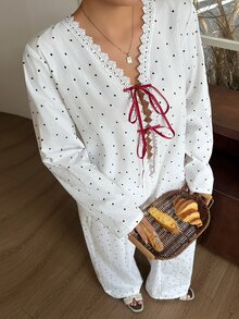 Dazy Plus Fashion Polka Dot Tie Top & Pants 2-Piece Set, White New Spring/Summer/Autumn Pajama Set - White - View 6