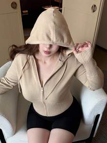 REIGN AVE Solid Color Fitted Long Sleeve Hooded Zip-Up Cardigan Sweater Jacket For Spring And Autumn - Khaki - View 5