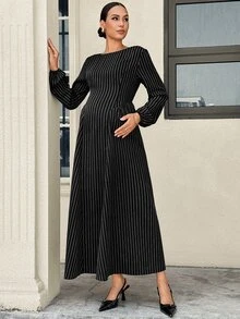 MaterniWear 孕婦秋季休閒通勤條紋洋裝 - 黑色 - 查看 5