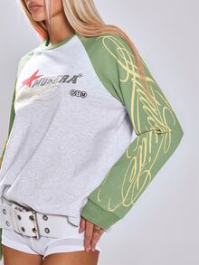 MUSERA 圖案印花撞色落肩寬鬆圓領長袖上衣，可愛返校日常度假休閒學院風 - 彩色 - 查看 5