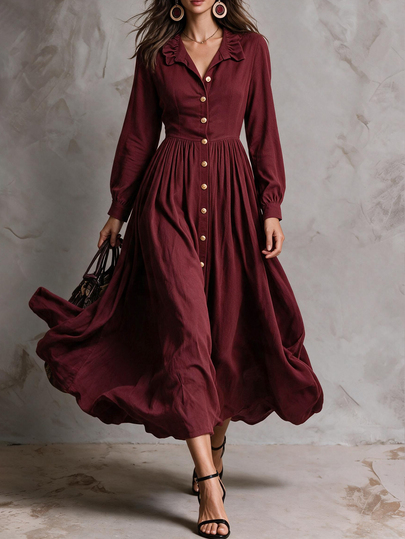 Solivie Robe à manches longues de couleur unie à simple boutonnage pour femmes, convient pour le port quotidien, automne
