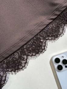 Comfortcana تي شيرت نسائي مقاس كبير بأسلوب كاجوال مع دانتيل متباين باللون البني وأكمام طويلة - بني - مشاهدة 5