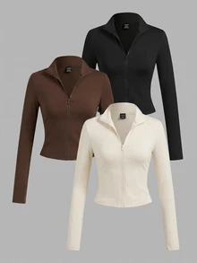 SHEIN EZwear 休閒極簡風 3 件組 黑色/棕色/米色 針織拉鍊長袖女款 T-shirt，適合秋冬穿著 - 彩色 - 查看 14