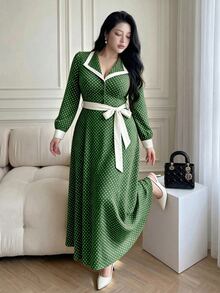 Vibekara Spring/Autumn Elegant Fashion Minimalist Date Commute Style Long Sleeve Dress Blazer Collar Dress Side Pleated Long Sleeve Red Dress Bow, Vacation, Summer Women Outfit, Spring/Autumn Japanese Sweet Cute Black And White Polka Dot Dress New Petite College Style Youthful Slimming Elegant Professional Date Long Dress Summer New French Loose Dress - Dark Green - View 4
