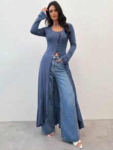Firerie Women's Solid Color Square Neck Long Sleeve Single-Breasted Long T-Shirt - Navy Blue - View 2