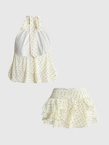 Sweetness Romantic Minimalist Sexy Halter Neck Top & Multi-Layer Ruffle Skirt Women's 2-Piece Set - Apricot - View 2