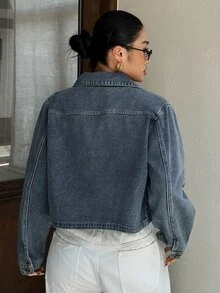 Dazy Plus Washed Denim Cropped Short Sleeve Collared Top Street Style Plus Size Women Spring Summer Blogger Denim Shirt - Medium Wash - View 2