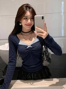 DAZY Sweater Lipit Lengan Panjang Wanita dengan Dekorasi Pita Warna Kontras, Cocok untuk Musim Gugur, Sehari-hari, Kencan, Warna Biru Tua, Romantis, Imut, Gaya Y2k - Navy Blue - View 1