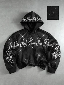 ROMWE MEN Men's Loose Fit Hoodie With Sparkling Rhinestone Print Pattern - Black - View 1