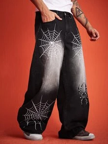 ROMWE MEN Street Life Men's Spider Pattern Casual Daily Wear Jeans - Black - View 1