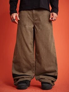 ROMWE MEN Street Life Celana Jeans Pria Kasual Model Lebar dengan Potongan Warna Blok dan Patchwork - Coffee Brown - View 4