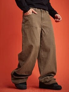 ROMWE MEN Street Life Celana Jeans Pria Kasual Model Lebar dengan Potongan Warna Blok dan Patchwork - Coffee Brown - View 1