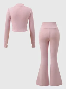 SHEIN 青少年女孩粉色針織拉鍊立領修身配色休閒運動服套裝，附緊身喇叭褲，運動套裝、校園風套裝、慢跑套裝 - 淺粉色 - 查看 4