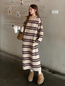 DAZY Women's Striped Round Neck Dropped Shoulder Long Sleeve Casual Knit Dress Fall - Khaki - View 4