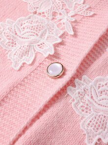 Easura Plus Size Gentle Style Lace Patchwork V-Neck Cardigan Winter - Pink - View 6