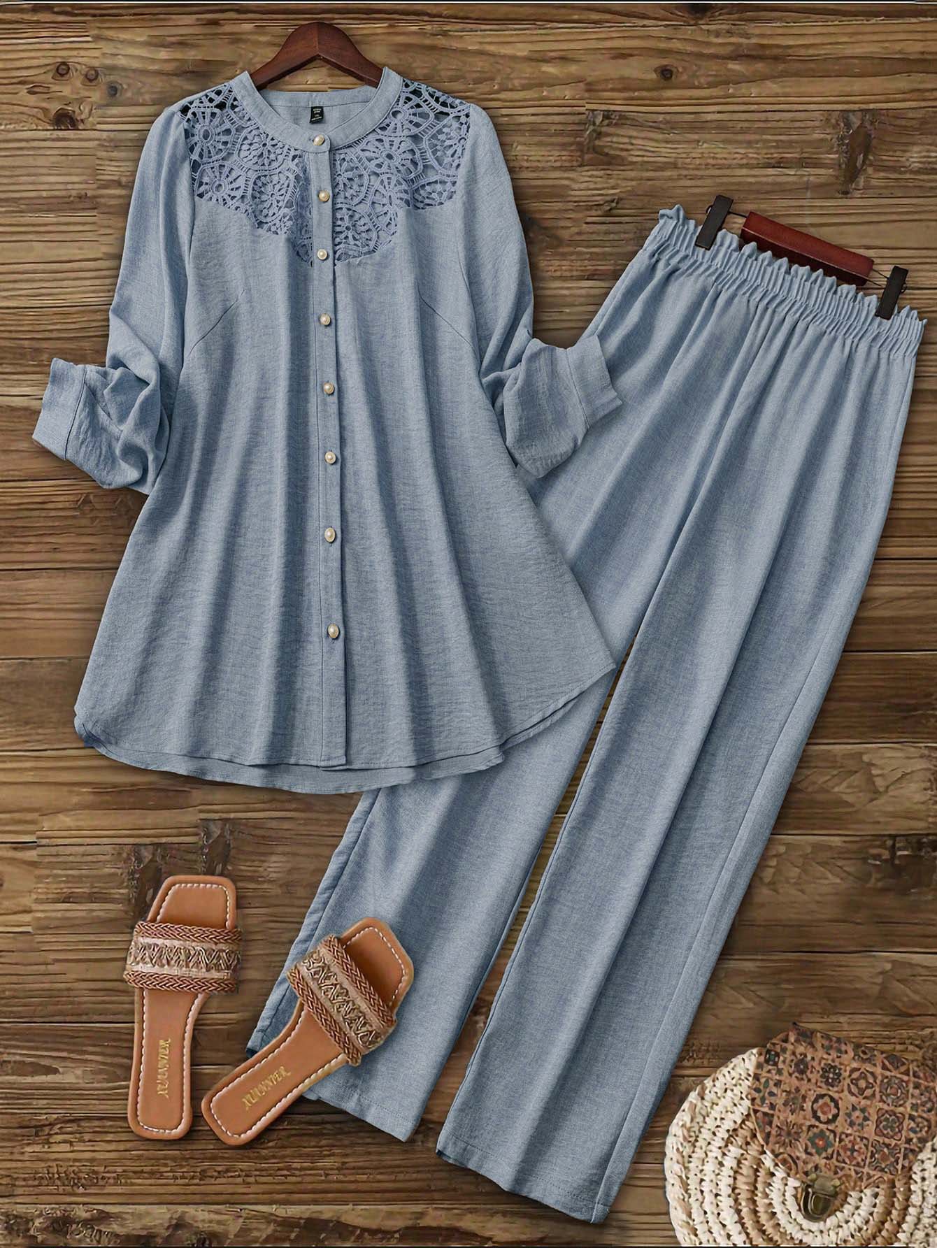 Linhara Plus Size Women's Solid Color Linen Blend Round Neck Lace Patchwork Full Button Front Mid Sleeve Casual Comfortable Regular Shirt + Elastic Waist Loose Long Pants 2 Pieces Set - Dusty Blue - View 1