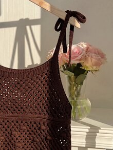 Comfortcana 大尺碼女款大網眼鏤空繫帶針織背心上衣 - 棕色 - 查看 4