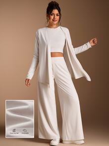 SHEIN BASICS Women's Solid Color Inner Layer And Long Sleeve Cardigan And Long Pants Casual Daily Three-Piece Pack Lounge Light Beige Autumn Lounge - Dusty Pink - View 1