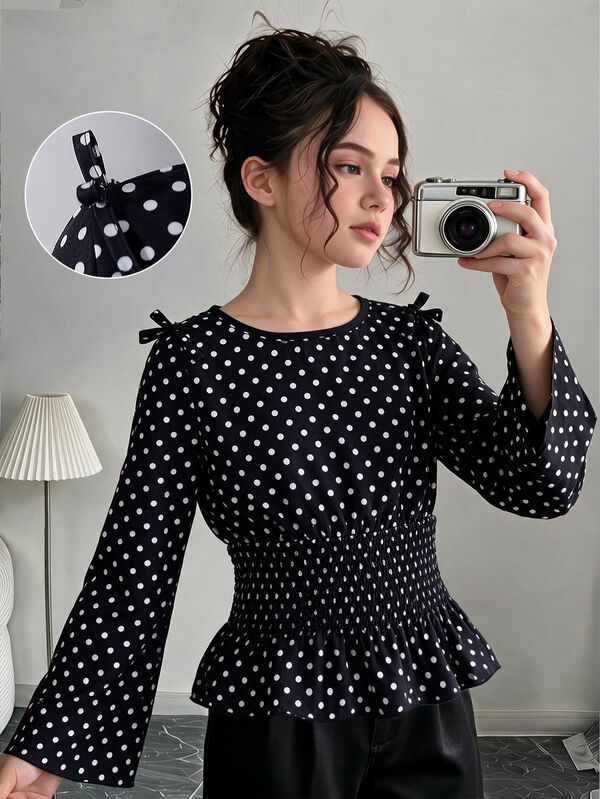SHEIN Tween Girls' Casual Minimalist Fashionable Cute Round Neck Long Sleeve Bell Sleeve Back Collar Button Digital Print Polka Dot Pattern All-Over Print Elastic Waist Ruched Top, Versatile Back To School Autumn/Winter