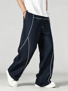 Manfinity Denimwave 男士街頭風純色休閒長褲，抽繩腰鬆弛版型運動長褲 - 藏蓝色 - 查看 5