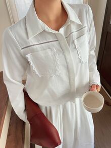 Dazy Plus Elegant Lace Patchwork Pocket Shirt & Skirt 2 Pieces Set, White, Spring/Autumn New Style - White - View 6