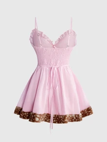 ROMWE Autumn/Winter Y2K Faux Fur & Chiffon Patchwork Deer Chest Design Spaghetti Strap Mini A-Line Skirt Waist Elastic Shirred Women's Short Dress - Pink - View 2
