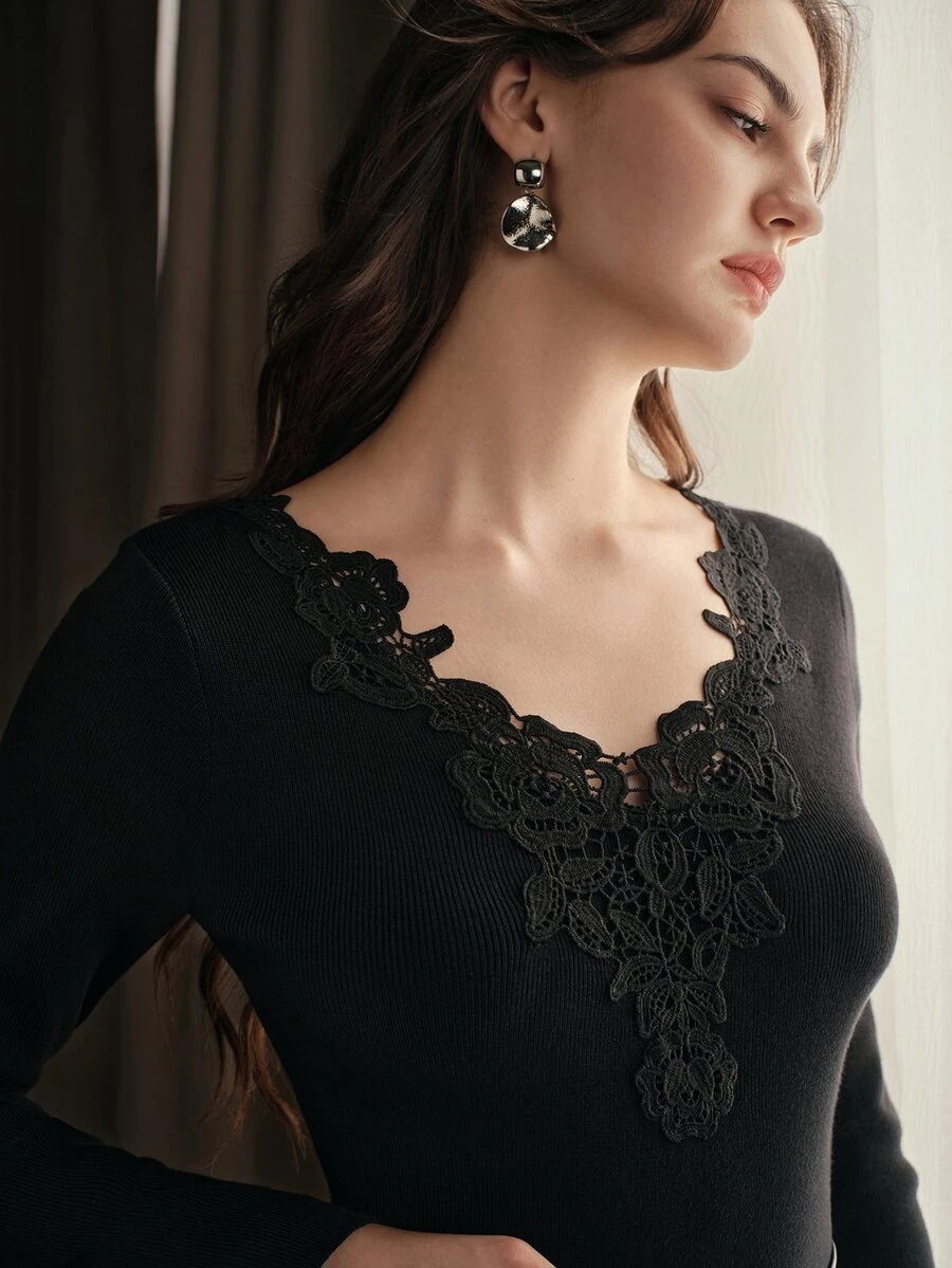 Anewsta Elegant Romantic Fitted Long Sleeve Hollow Lace Collar Commuter Sweater For Women - Black - View 1