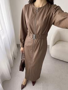 Solavon Women's Solid Color Long Sleeve Zipper Front Casual Long Dress - Coffee Brown - View 5