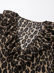Linhara CURVE Plus Size Women's Spring/Autumn Vintage Vacation Leopard Print V-Neck Tie Bow Puff Lantern Sleeve Loose Slouchy Drape Slimming Print Cuffs Ruffle Hem Dress - Multicolor - View 4