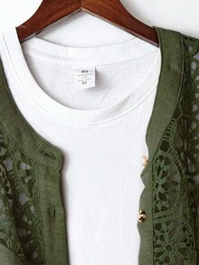 Linhara Plus Size Women Solid Color Linen Blend Round Neck Lace Patchwork Full Button Front Mid Sleeve Casual Comfortable Regular Fit Shirt + Elastic Waist Loose Long Pants 2pcs Set - Army Green - View 5