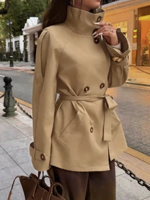 SHEIN x Luisa Sonza Elyressa 女款素色落肩長袖單排扣腰部綁帶風衣外套 - 卡其色 - 查看 3