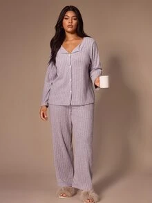 Lazeform Women's Plus Size Knit Ribbed Brushed Fabric Pajama Set, Minimalist Fashion Casual Small Lapel Open Front Long Sleeve Long Pants, Spring Autumn Winter, Can Be Worn Outdoors - Mauve Purple - View 4