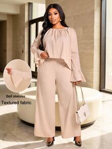 Brilight Gathered Neck Flare Sleeve Cropped Top High Waist Wide Leg Pants For Vacation Brunch Daily Outfit - Apricot - View 1