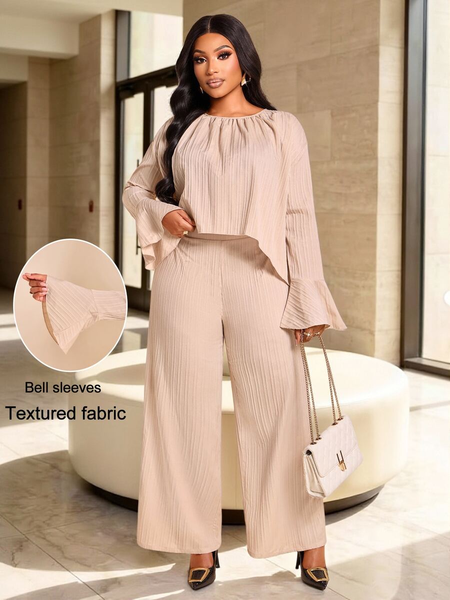 Brilight Gathered Neck Flare Sleeve Cropped Top High Waist Wide Leg Pants For Vacation Brunch Daily Outfit - Apricot - View 1