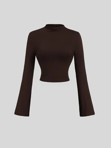 Sweetra Women's New Spring Summer Autumn Winter Outfit Half-High Neck Solid Color Top And Ruched Waist Skirt Set, Suitable For Travel, Commuting, Shopping, Dating, Dining, Versatile 2-Piece Set - Brown - View 5