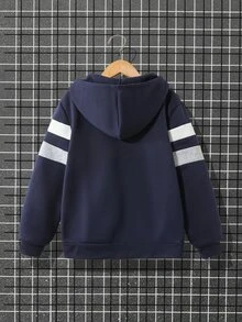 SHEIN Tween Boy Casual Sweatshirt Jacket With Pattern, Comfortable Contrast Color Sweatshirt, Suitable For Autumn, School, Back To School, Street Style - Navy Blue - View 2