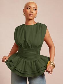 Vixey Solid Woven Round Neck Ruched Sleeveless Layered Peplum Hem Top - Olive Green - View 1