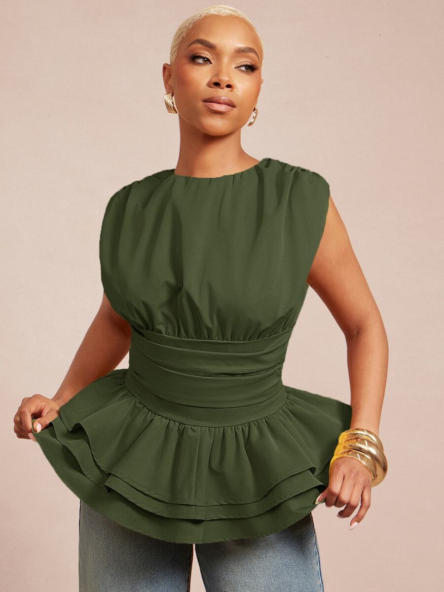 Vixey Solid Woven Round Neck Ruched Sleeveless Layered Peplum Hem Top - Olive Green - View 1