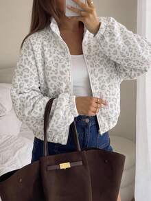 SHEIN LUNE 時尚豹紋女款拉鍊連帽休閒運動外套，彈性袖口長袖，秋冬款 - 彩色 - 查看 5