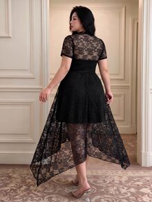 Vibekara Fashionable Elegant High Neck Mesh Elastic Dress - Black - View 2