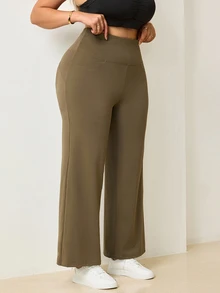 Easithlete Women's Plus Size Solid Color High Waist Casual Versatile Daily Travel Sports Leggings Active Gym Olive Green Summer - Brown - View 3