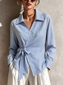 SHEIN Fashionable Elegant Lapel Ribbon Waist-Cinching Button Decor Daily Wear Date Casual Blouse Women's Outing Top - Blue - View 7