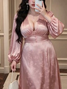 Vibekara New Spring Elegant Princess Style Sweet Jacquard Textured Fabric V-Neck Princess Seam Ruched Puff Long Sleeve Dress For Women, Formal Ball Gown - Pink - View 7