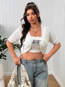 SHEIN EZwear Plus Size Women's Cable Knit Open Front Short Sleeve Cropped Cardigan - White - View 1